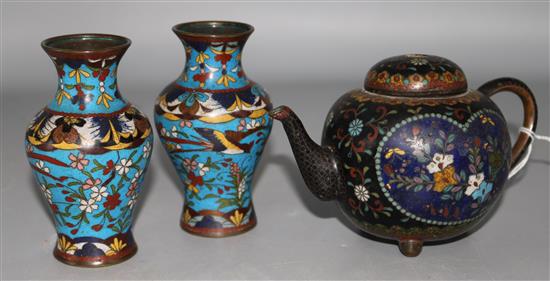 A Japanese cloisonne enamel teapot and a pair of vases